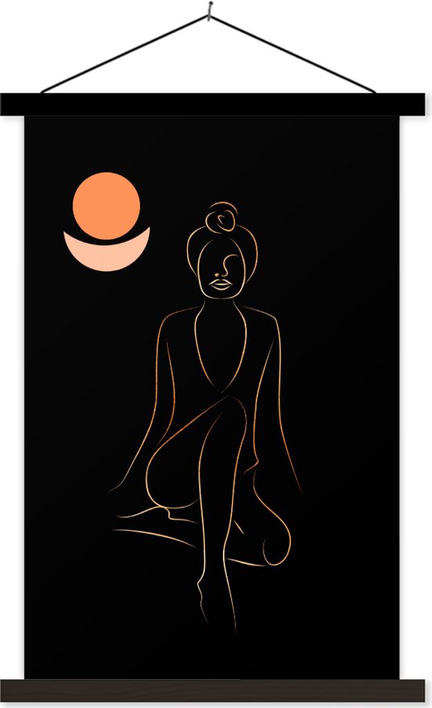 MuchoWow Textilposter Frau - Gold - Schwarz - Strichzeichnung 40x60 cm mit schwarzem Rahmen - Wanddekorationen