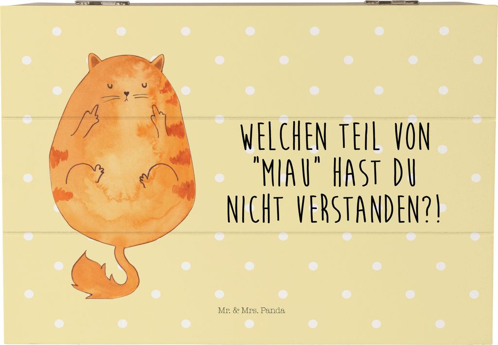 Mr. & Mrs. Panda Holzkiste Katze Mittelfinger 22 x 15 cm - Gelb Pastell - Geschenk, Holz Aufbewahrungsbox, Kater, Aufbewahrungstruhe, fotobox, scha...