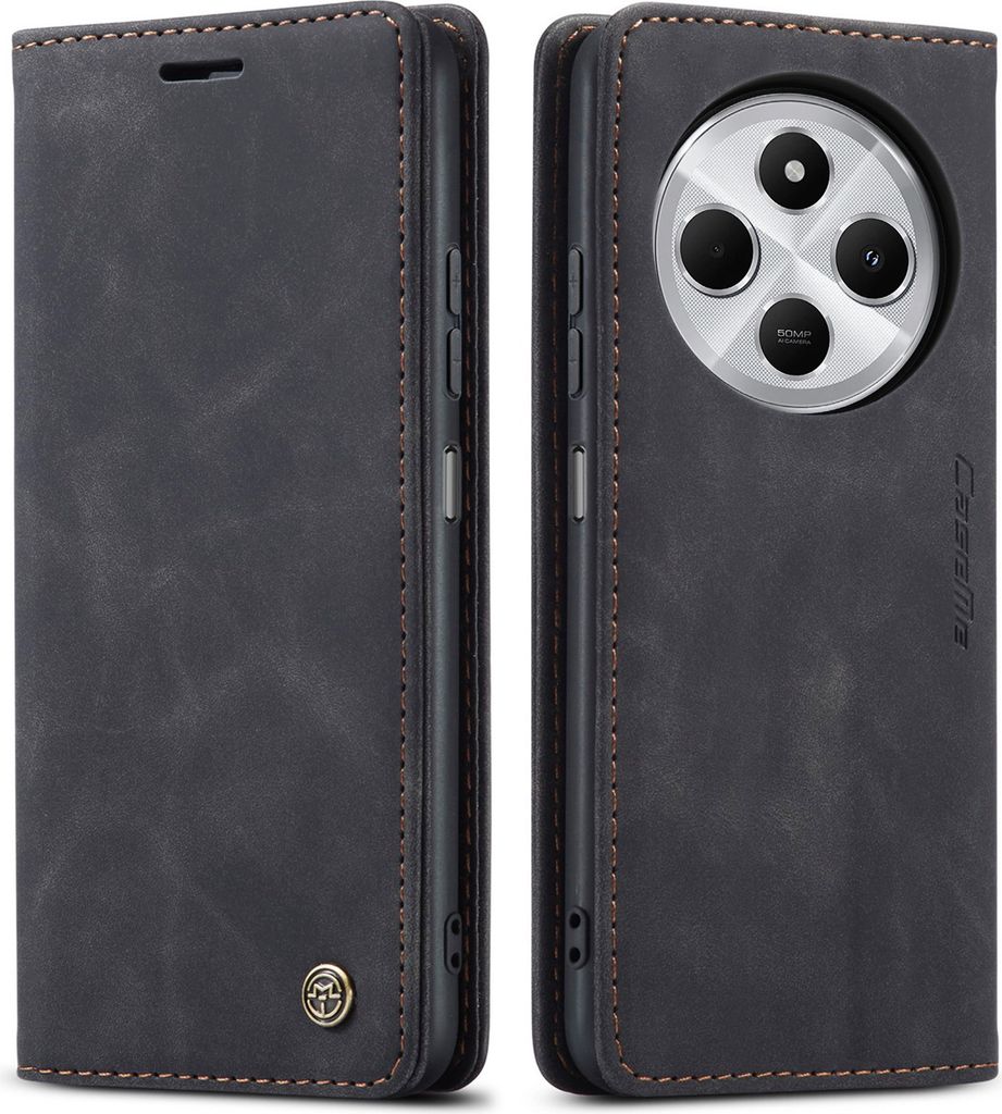Two views of a black flip phone case, one showing the front and the other showing the back with the camera module.