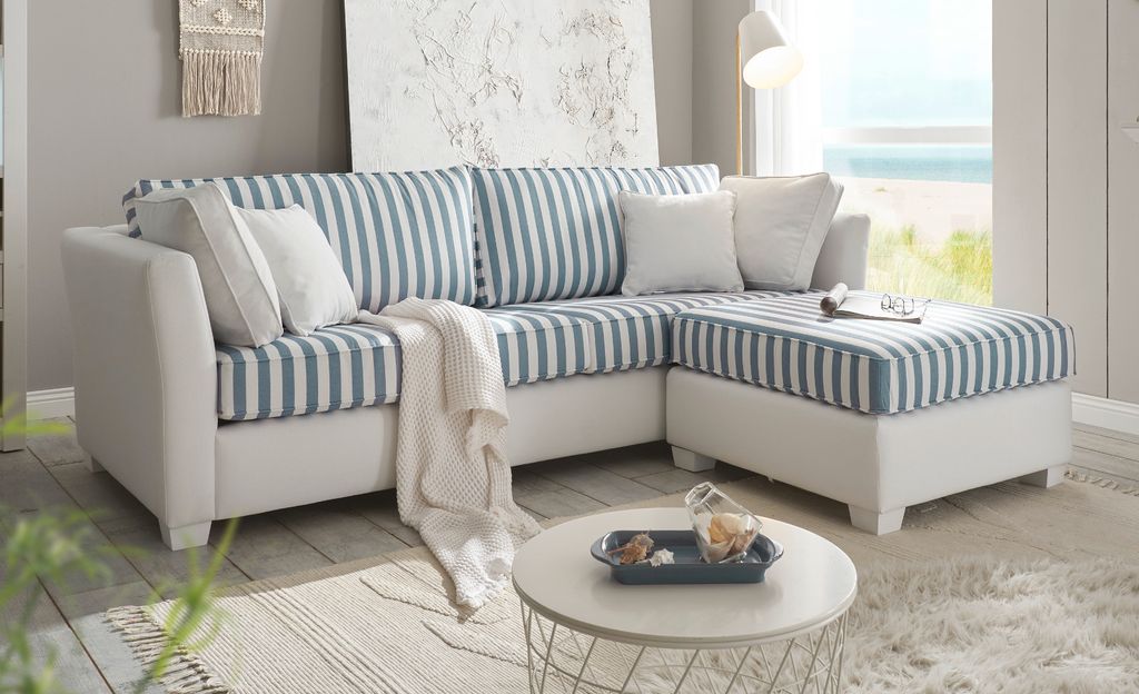 Sofa Set "Hooge" in creme und blau Landhaus Wohnzimmer Couch 3-Sitzer + Hocker