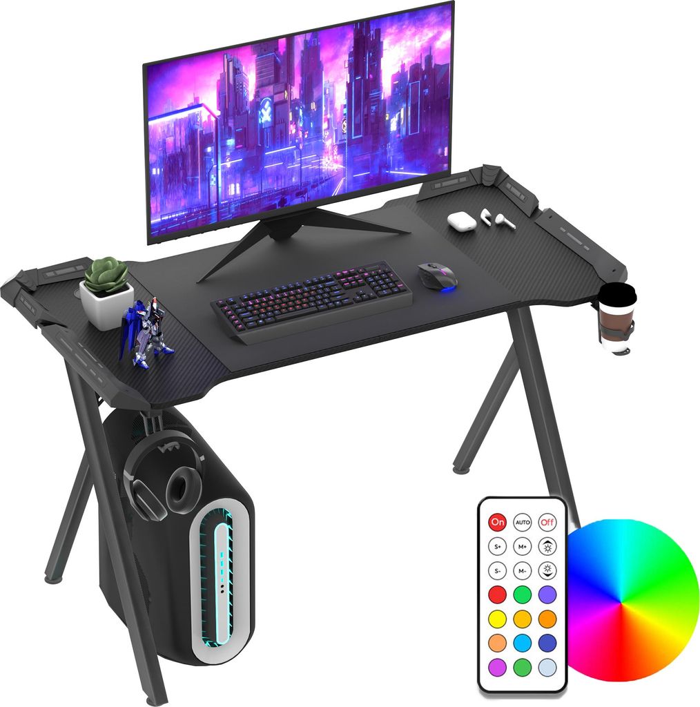UISEBRT LED Gaming Schreibtisch mit Y-Gestell, rutschfesten Füßen, RGB-Beleuchtung, Fernbedienung, Kopfhörer- & Becherhalter Schwarz 140x60x75cm