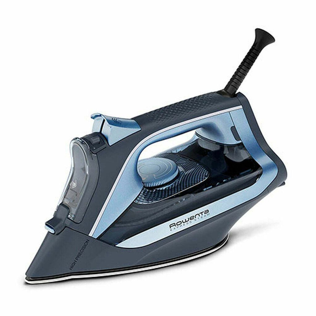 A gray and blue Rowenta iron is shown against a white background.
