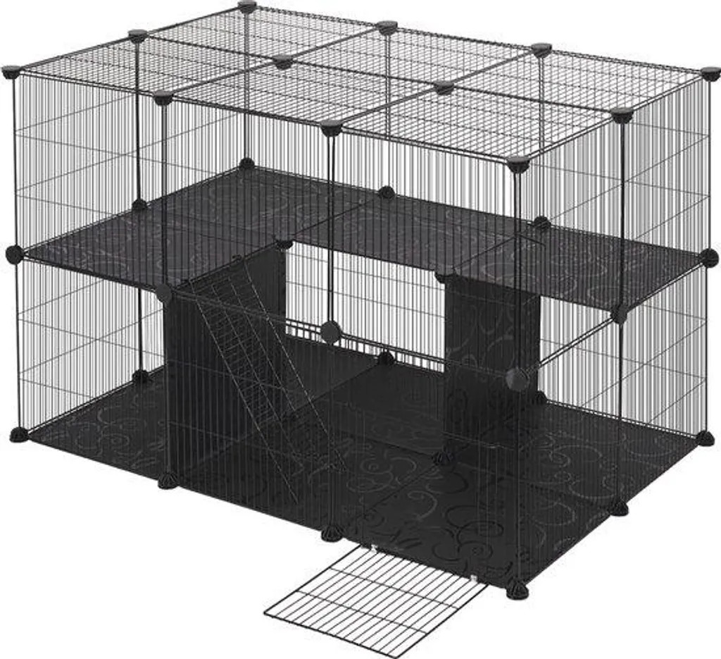 Cage rongeur anti-projection noire 2 étages en métal pour petit animal