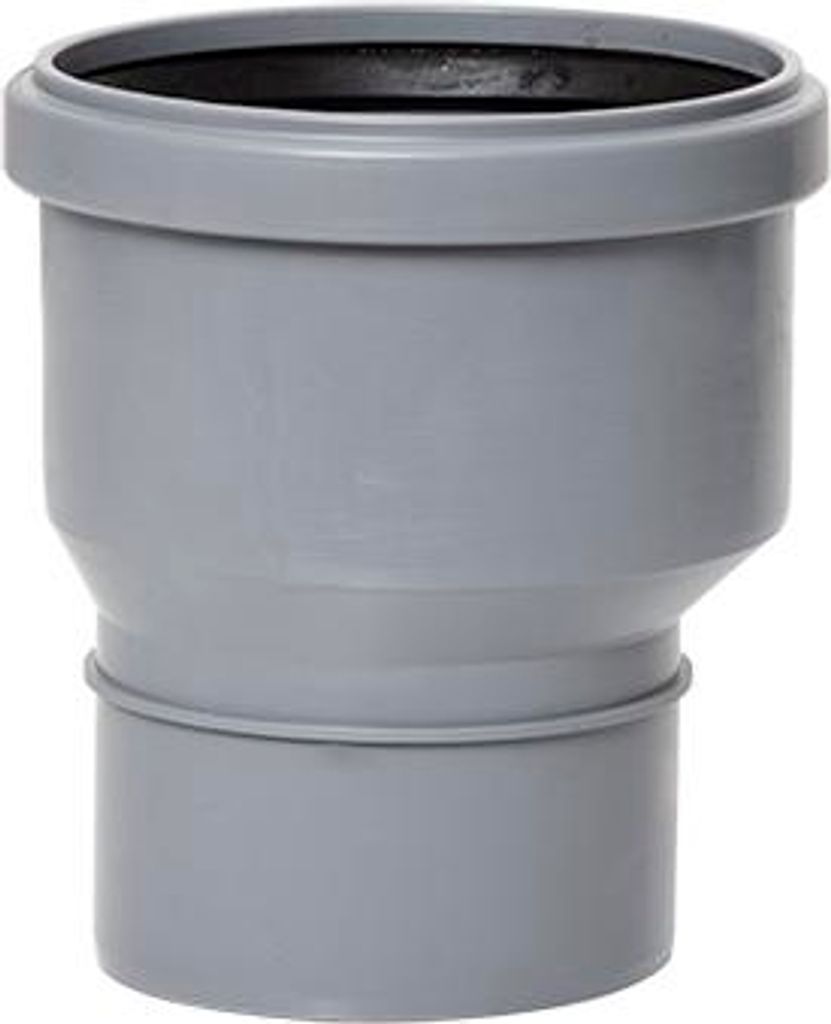 A gray plastic pipe adapter with a black rubber seal at the top, shown against a white background.