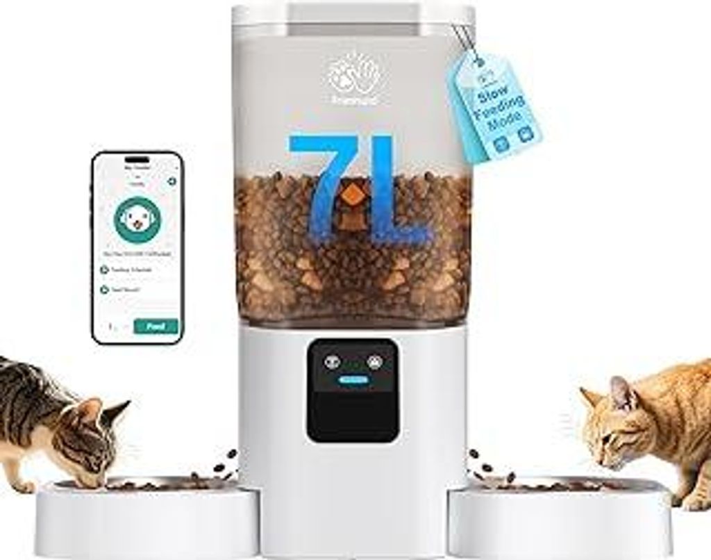 Futterautomat Katze 2 Näpfe mit APP: 7L katzenfutter automat mit Langsamer Vorschub, 5G WiFi Doppel Futterspender Katzen, Trockenfutter Automat f...