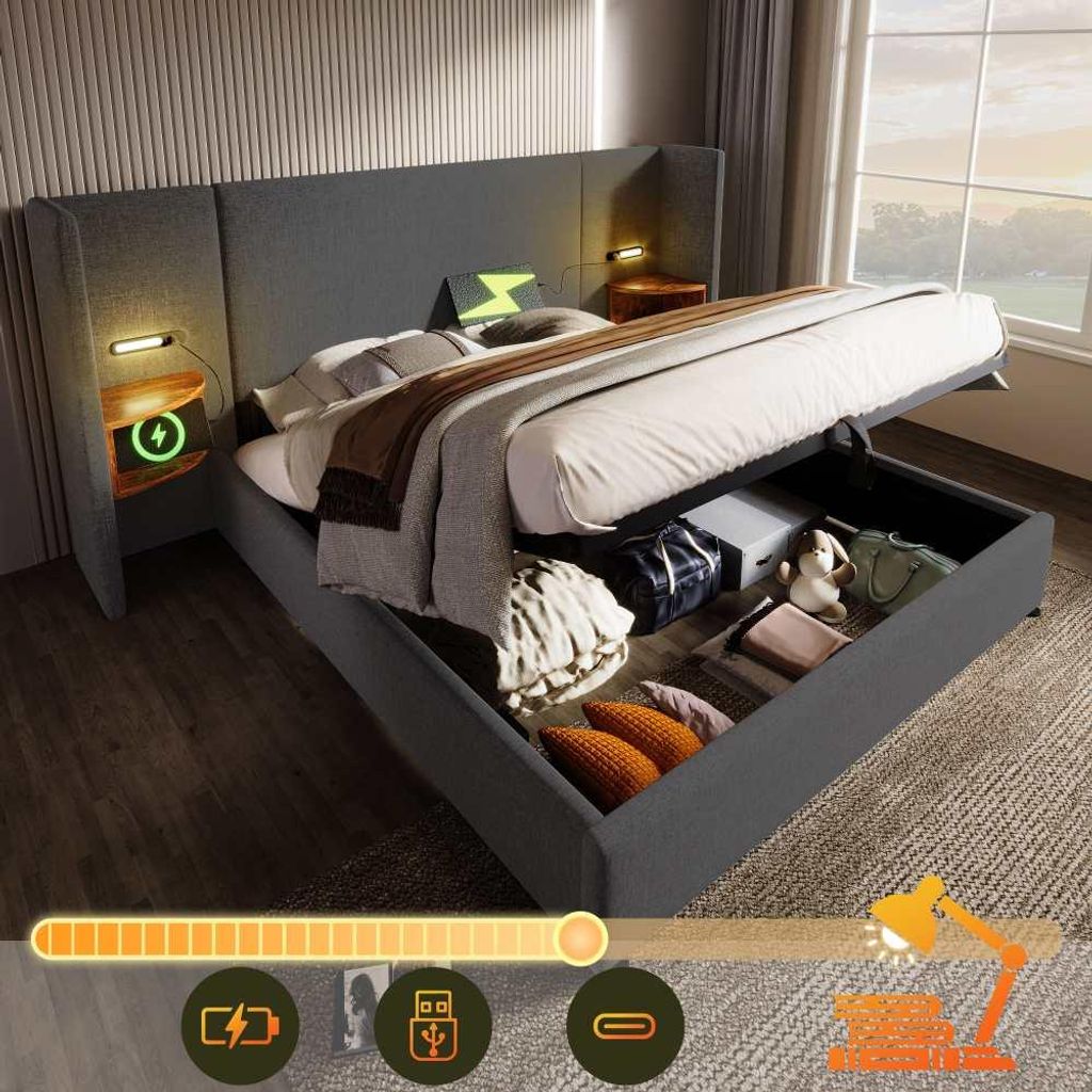 Doppelbett mit Nachttisch & Leselampe, USB-C Ladefunktion, Stauraum Bettgestell aus Holz & Metall, Stoff Cord, Grau, 180x200 cm (ohne Matratze)