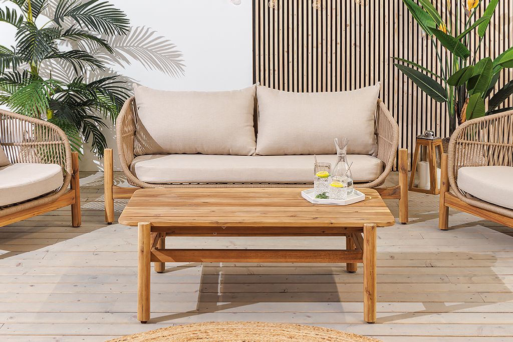 riess-ambiente Wetterfestes Gartenlounge Set ROPE natur beige Akazienholz Aluminium inkl. Tisch Sitzpolster Gartenmöbel Loungemöbel Balkonmöbel