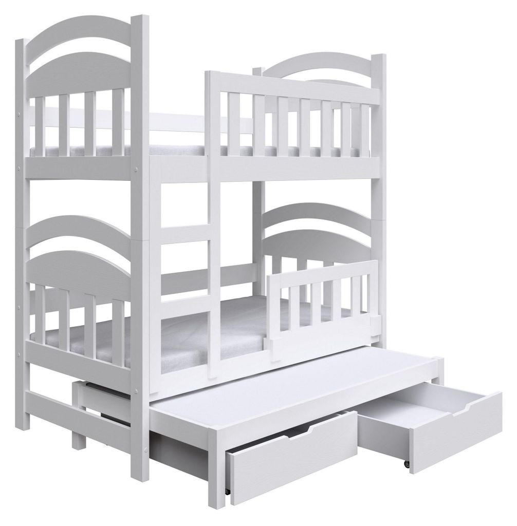 Masseno Etagenbett DUMBO 75x180 cm mit Schublade, Rausfallschutz, Kinderbett mit Leiter für Mädchen und Jungs, Stockbett, Weiß