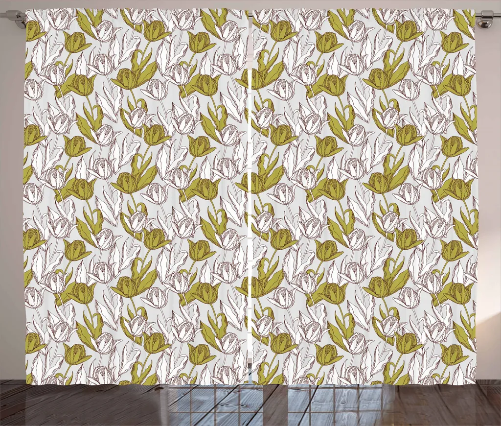 ABAKUHAUS Tenda rustica Tulipano, bouquet tema giardino foglie, tenda con passanti e ganci per camera da letto, 280 x 245 cm, verde oliva bianco grigio