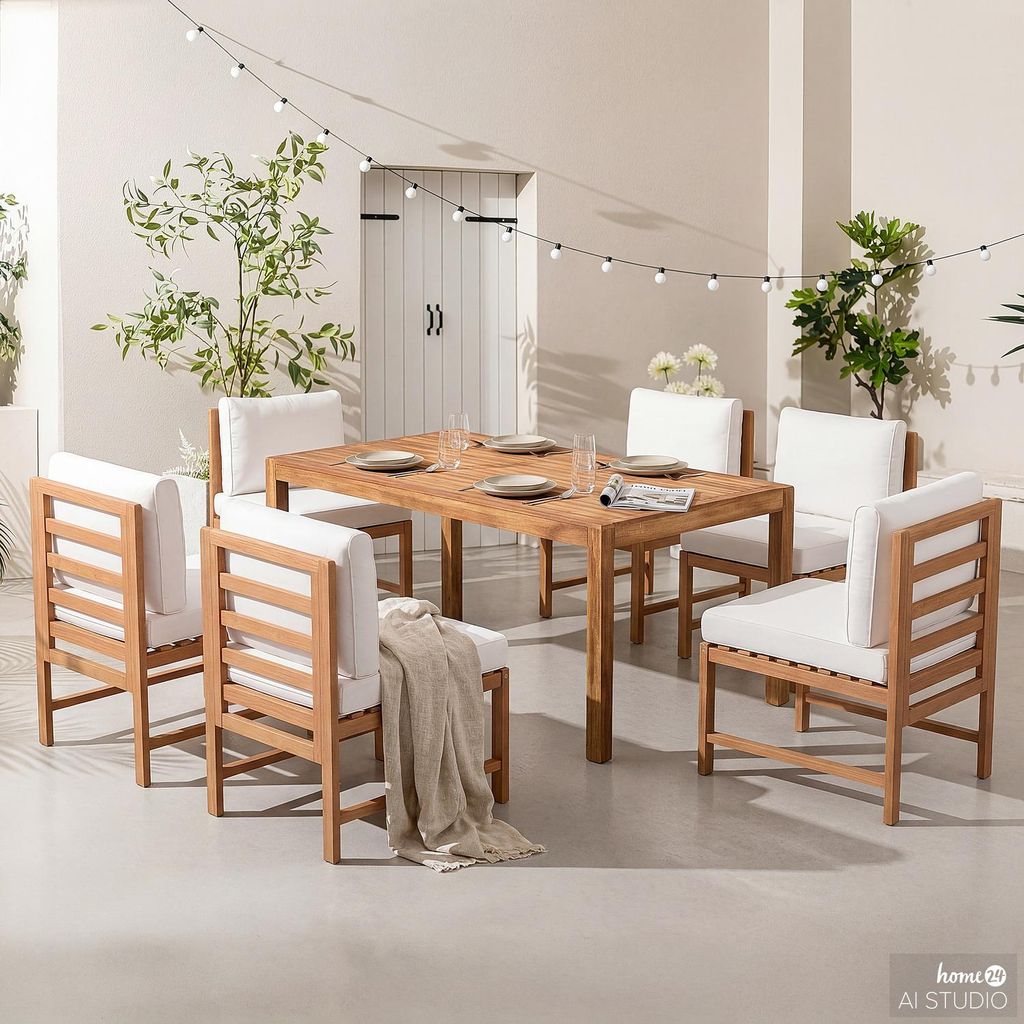 home24 Dining-Loungeset - 7-teilig - Akazie Massiv / Polyester - Braun / Beige