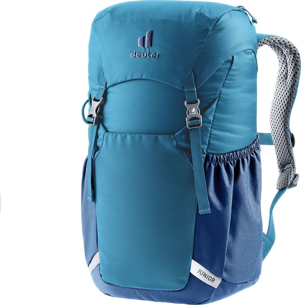 A teal and blue Deuter Junior backpack is shown against a white background.