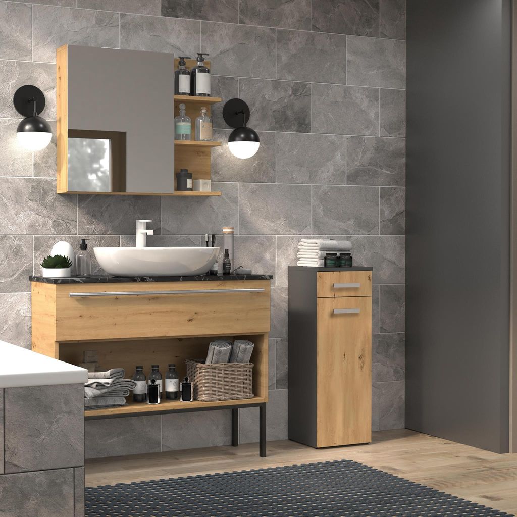 30 cm Badkommode Nelson V DS Badezimmerkommode mit Schublade Schrank mit Drehtür und Fächer, Farbe: Anthrazit + Artisan