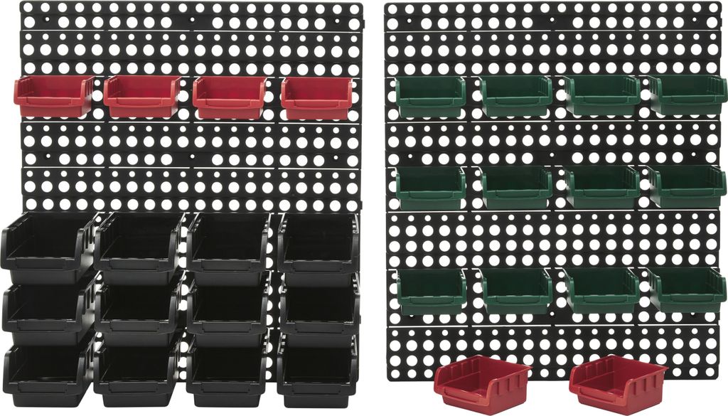 Two pegboards with storage bins attached.