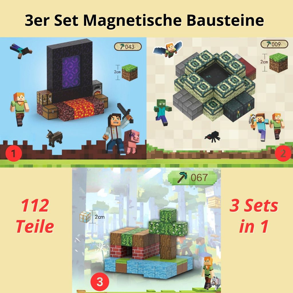 3er Set Magnetische Bausteine – 112 Teile Architektur Baukasten für Kinder ab 3 Jahren | Montessori Lernspielzeug, Pädagogisches Konstruktionss...