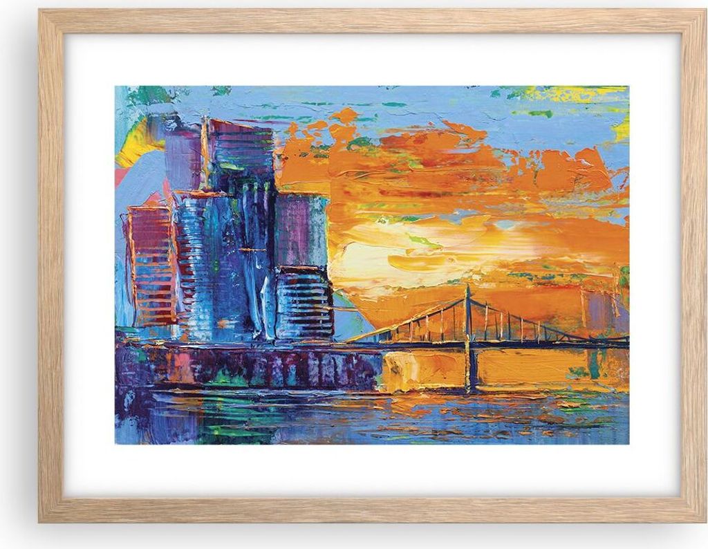 Gerahmtes Poster - Rahmen in heller Eiche - Stadt Brücke pastos - 40x30 cm - Wand Bild - Wanddeko - Wandbilder - Kunstposter - Wandposter - Bilder...