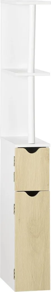 Colonne de salle de bain étroite blanc et bois avec étagères et portes