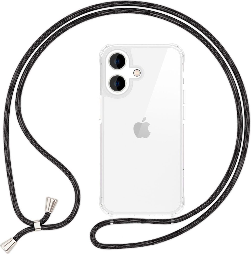 NALIA Handykette für iPhone 16 – Transparentes Hybrid-Case & 160cm Band – HANGIT PRO (Anti-Gelb Rückseite) – Marke aus Berlin – Schwarz