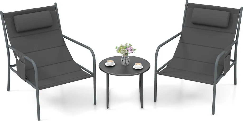 Mobilier de jardin 3 pièces en textile respirant et acier robuste noir