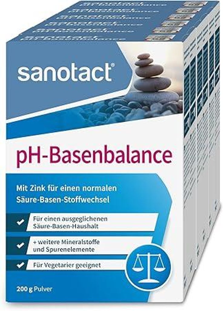 sanotact pH-Basenbalance Pulver (6 x 200g) - Für Säure Basen Balance mit Mineralien - Entsäuerungskur mit Zink, Magnesium, etc.