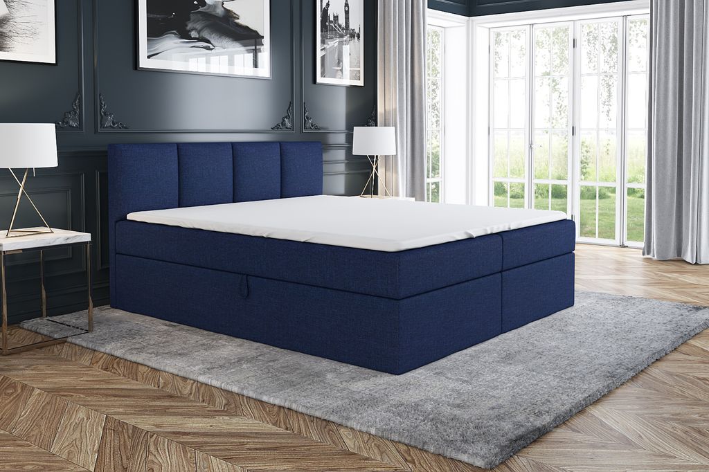 Boxspringbett ABI 160 x 200 mit 2 Bettkästen, Bonell-Matratze und Topper. Farbe: Blau