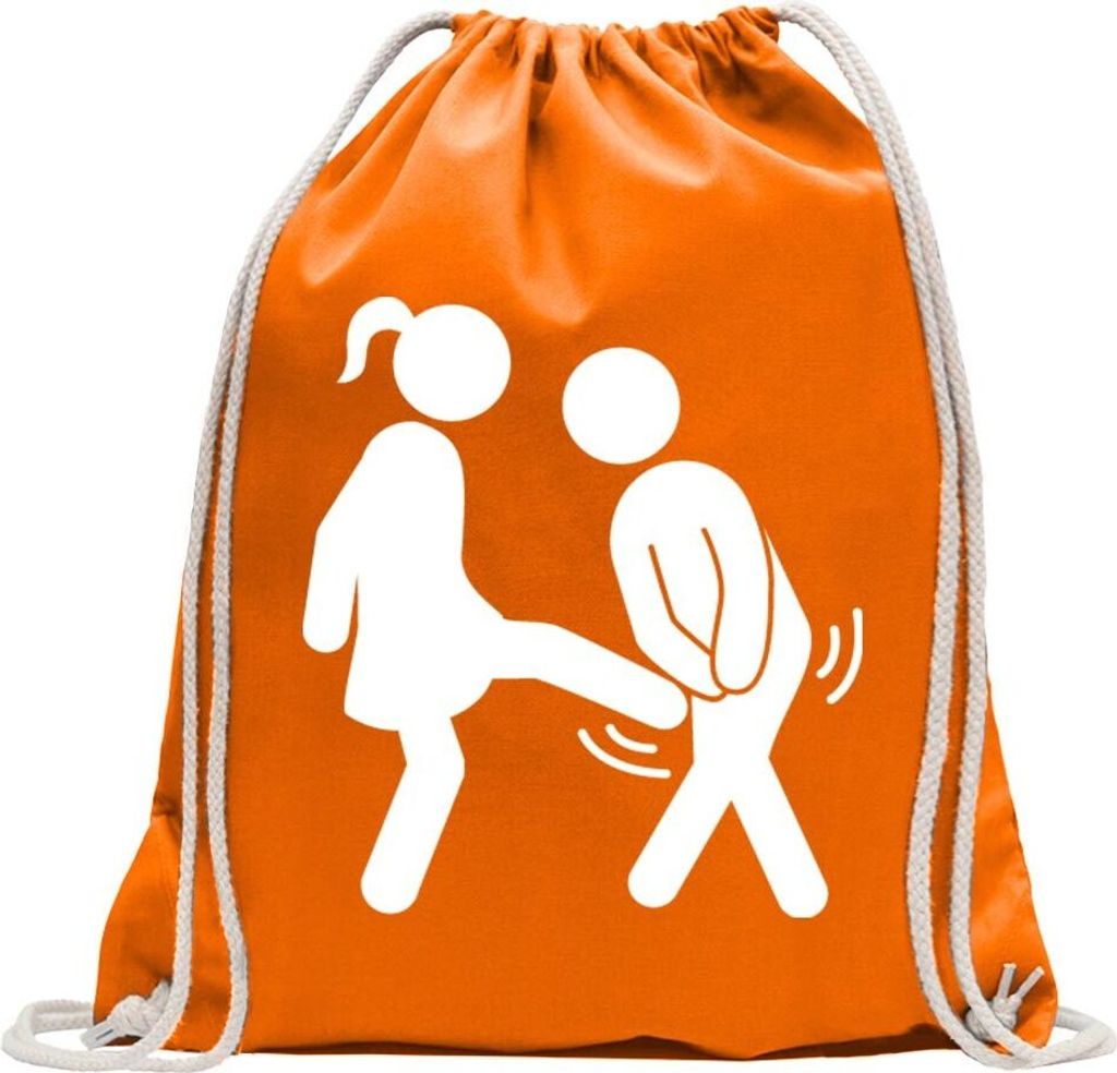 Kiwistar - Turnbeutel - mandarin - Frau vs. Mann - Fun Rucksack Sport Beutel Gymsack Baumwolle mit Ziehgurt