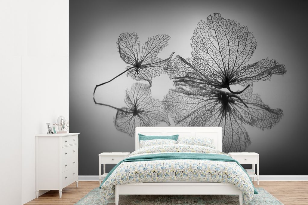 MuchoWow Fototapete für Wohnzimmer oder Schlafzimmer Wandtapete Vinyl Motivtapete Stilleben - Schwarz - Weiß - Blätter - 415x300 cm - Küche