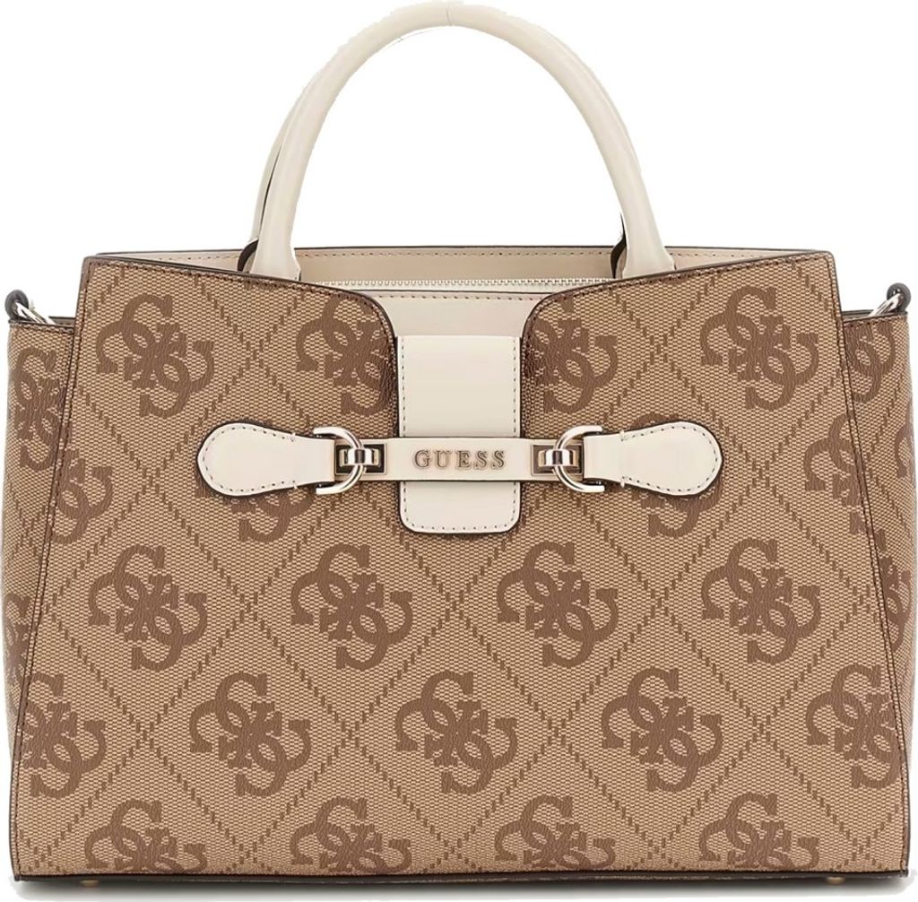Beige Damenschultertasche mit Fächern und Kontrastdetails.