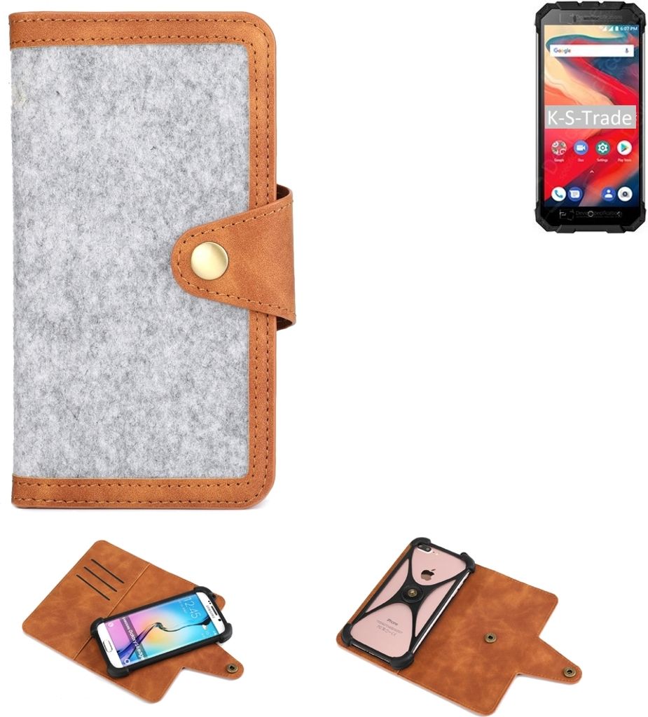 K-S-Trade Handyhülle kompatibel mit Ulefone Armor X2 Schutzhülle Filz-Hülle Kunst-Leder hellgrau braun (1x)