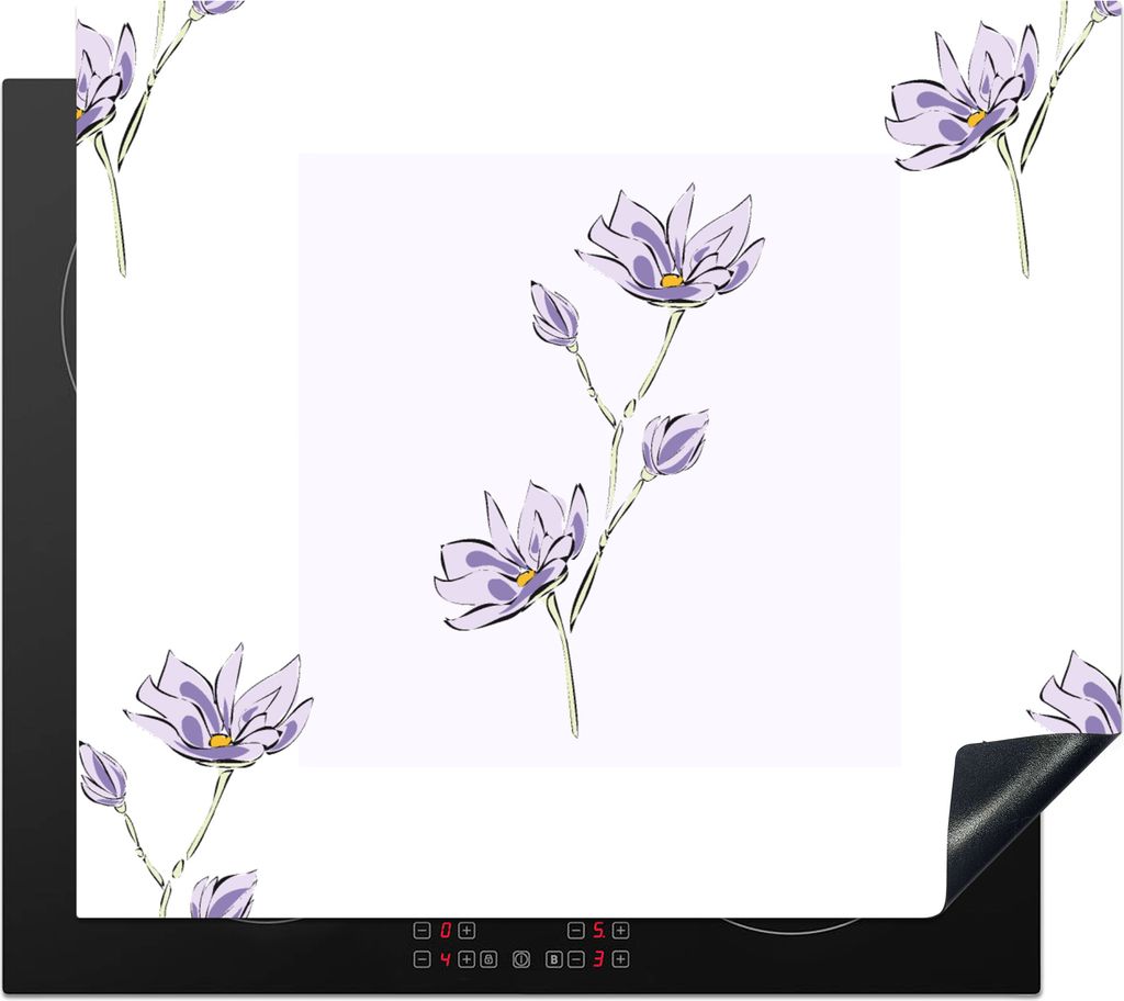 KitchenYeah Herdabdeckplatte Blumen - Lila - Muster , 60x52cm, Küche Deko, Glaskeramikkochfeld Herdabdeckung, Abdeckplatte fùr Kochfeld