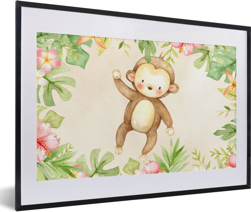 MuchoWow Gerahmtes Poster Affe - Blumen - Aquarell 60x40 cm - Poster mit Schwarzem Bilderrahmen Wandposter Rahmen Foto Bilder - Schlafzimmer - Pl...