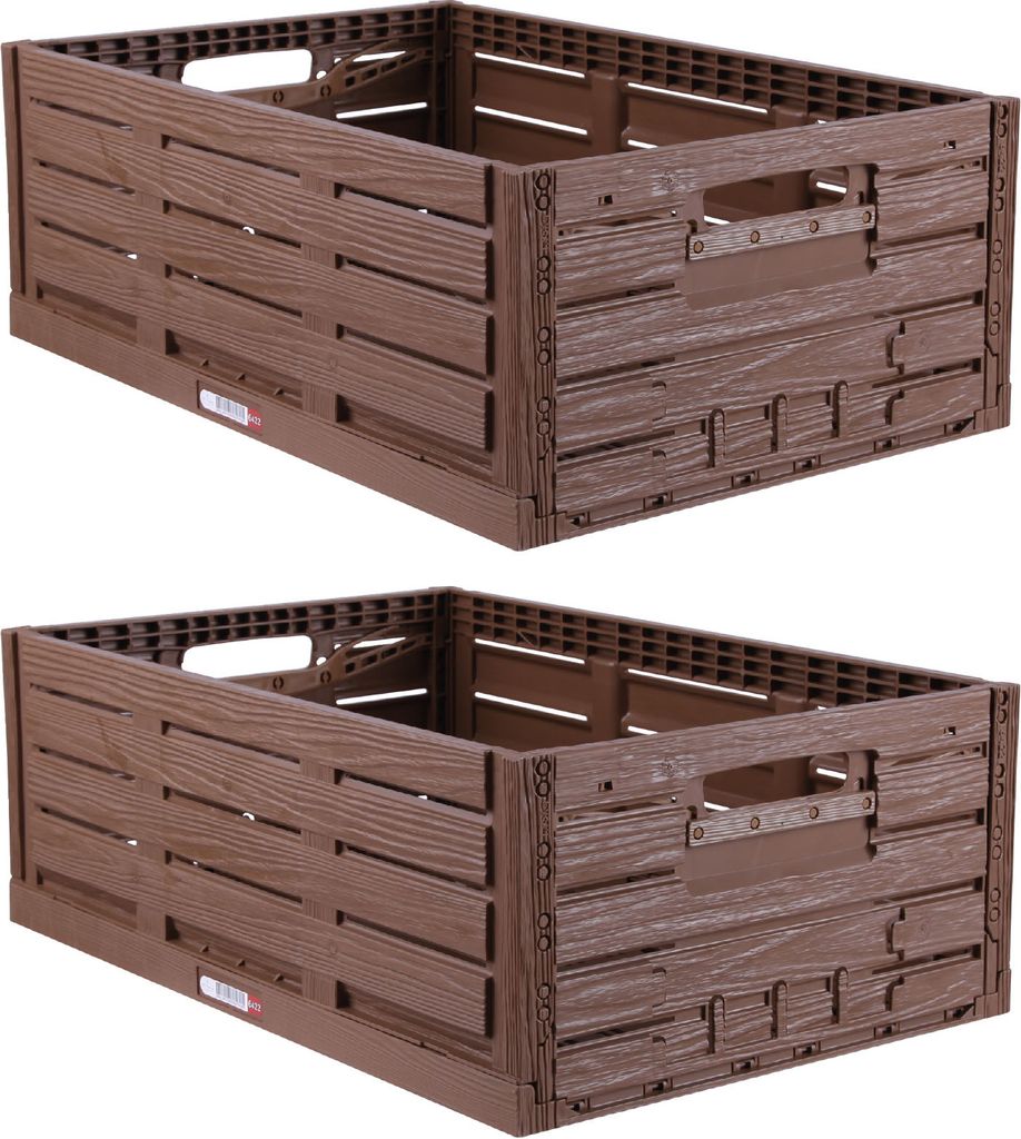Faltbox Holzdesign 60x40x21,8cm (2er-Pack), Stapelbare Klappkiste 45 L, stabil & faltbar, Einkaufskorb, Obst- & Gemüsekiste