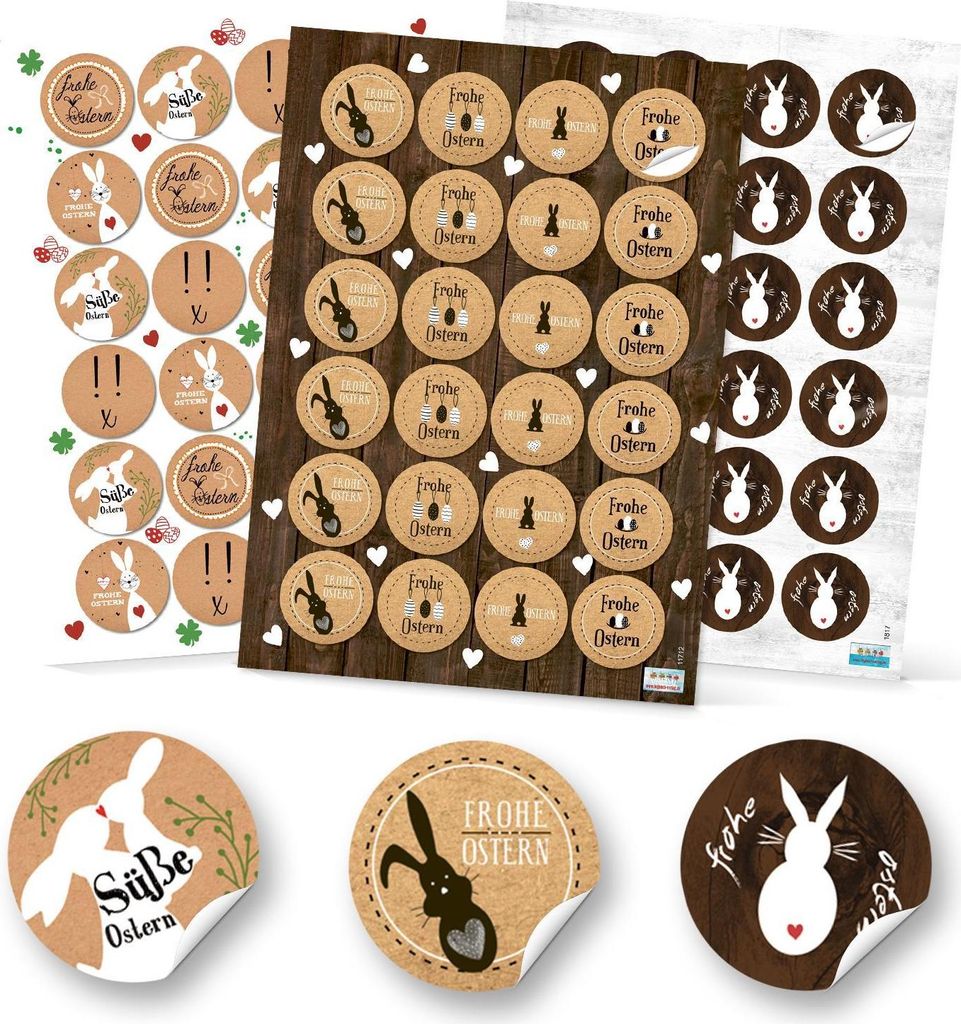 Set 72 Stück Osteraufkleber Frohe Ostern Osterhase Hase Aufkleber Ostersticker Osteretiketten mit Text vintage Nostalgie Look rund in braun weiß ...