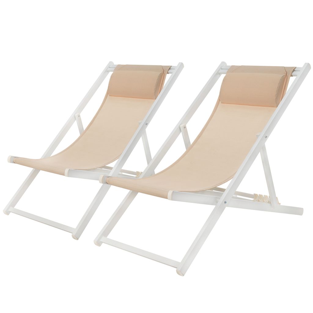 Two beige and white foldable lounge chairs are shown against a white background.