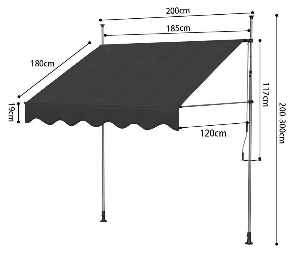 Ausziehbare Seitenmarkise - Balkon Garten Terrasse - Höhenverstellbar - Sicht- und Windschutz - Poly-Baumwolle 200 cm - Schwarz