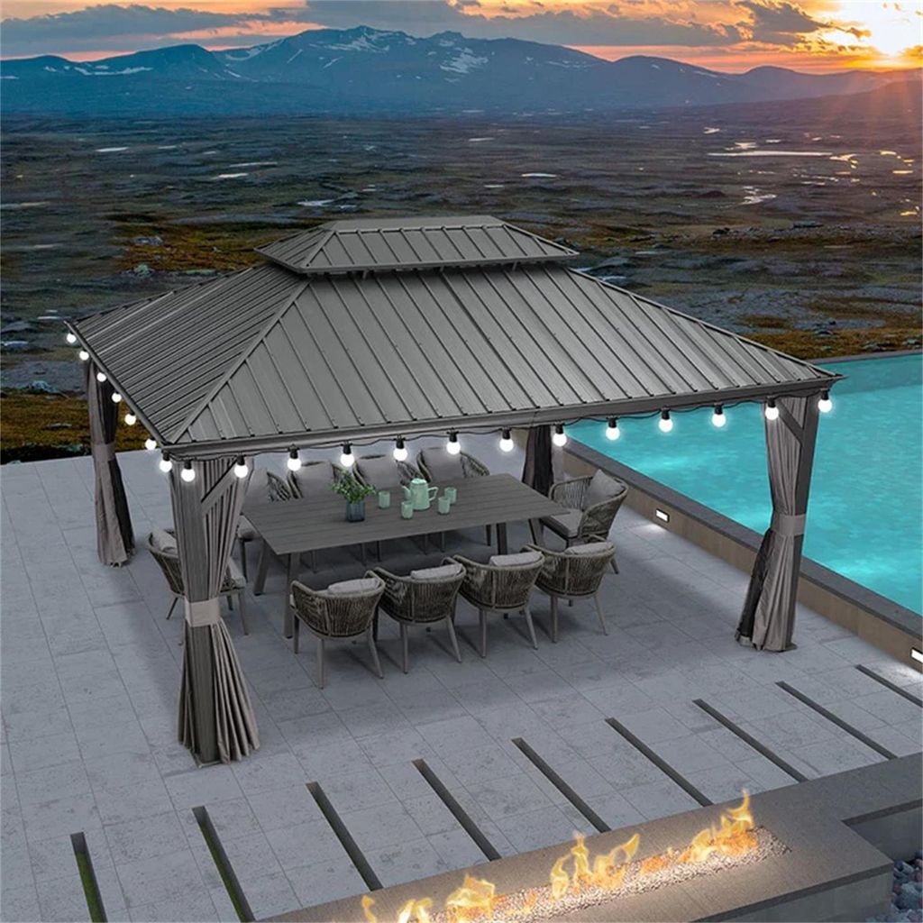 PURPLE LEAF Hardtop Pavillon 3.65x4.85m wasserdicht winterfest und stabil für den Garten,Grau,mit Beleuchtung