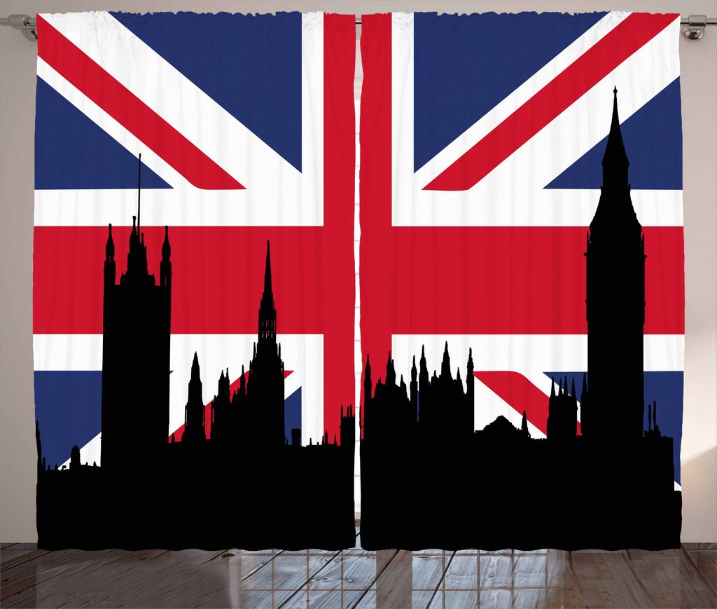 ABAKUHAUS Union Jack Rustikaler Vorhang, Historische Stadt UK, Wohnzimmer Universalband Gardinen mit Schlaufen und Haken, 280 x 175 cm, Royal Blue ...