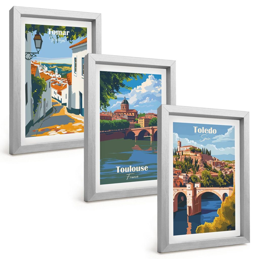 Bilder Set 3-teilig im silbergerahmten Rahmen – Wandbilder 3 Stück – gerahmte Poster für Wohnzimmer, Schlafzimmer und Flur – 20x30 cm – R...