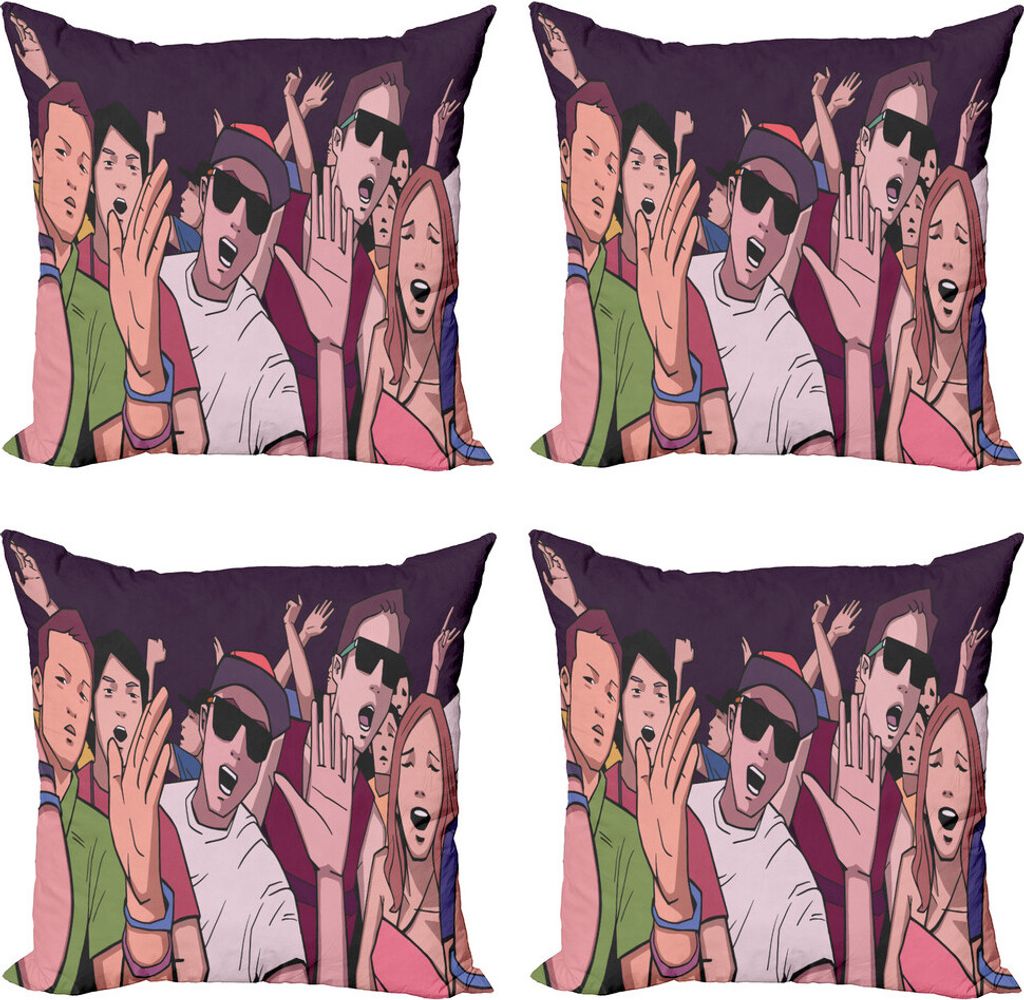 ABAKUHAUS Rave Kissenbezug Set (4 Stück), Musik-Festival Cartoon-Bild, Moderner Doppelseitiger Digitaldruck, 45 cm x 45 cm, Mehrfarbig