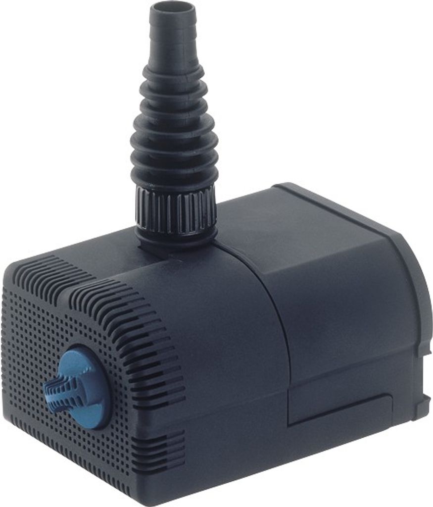 A black water pump with a blue intake filter is shown against a white background.
