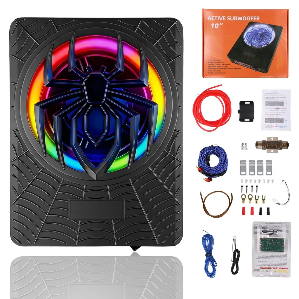 Subwoofer plat amplifié pour voiture 10 pouces - Caisson actif 1200W Noir