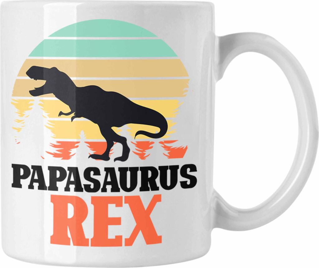 Trendation - Papasaurus Rex Tasse Geschenk für Vater Papa Vatertag Lustiges Geschenk Dinosaurier T-Rex (Weiß)