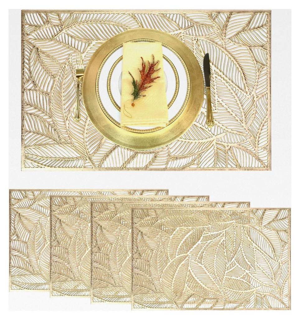 Rechteckige Tischsets in Gold, 4 Stück, Tischunterlage für Esstisch, Blattform, Abwaschbar, Rutschfest, Hitzebeständig, für Hochzeiten, Dinnerp...
