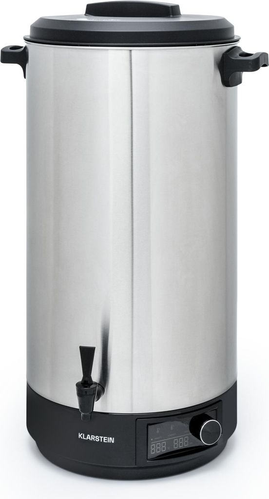 A stainless steel electric kettle with a black lid and base, shown from the front against a white background.