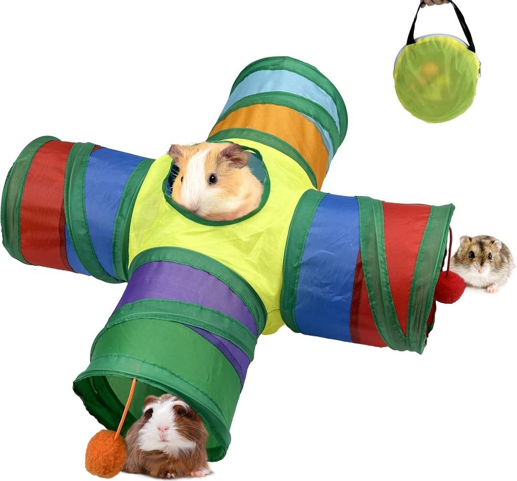 Zusammenklappbarer 4-Wege-Meerschweinchen-Tunnel und Felle mit 4 Bällen – Spielzeug für Kleintiere – Chinchillas – Frettchen – Hamster un...