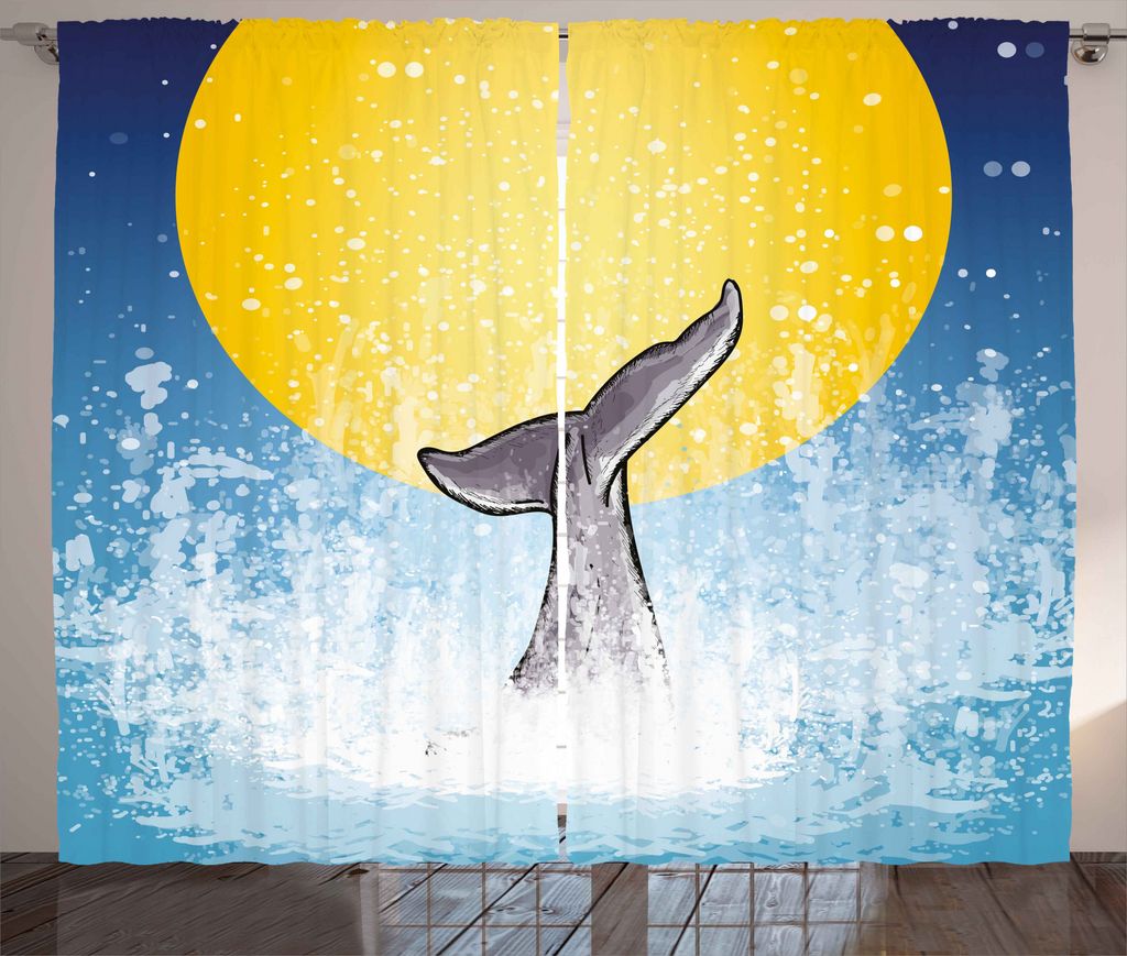 ABAKUHAUS Wal Rustikaler Vorhang, Fish Tail Ozean Vollmond, Wohnzimmer Universalband Gardinen mit Schlaufen und Haken, 280 x 175 cm, Gelb Grau Blau