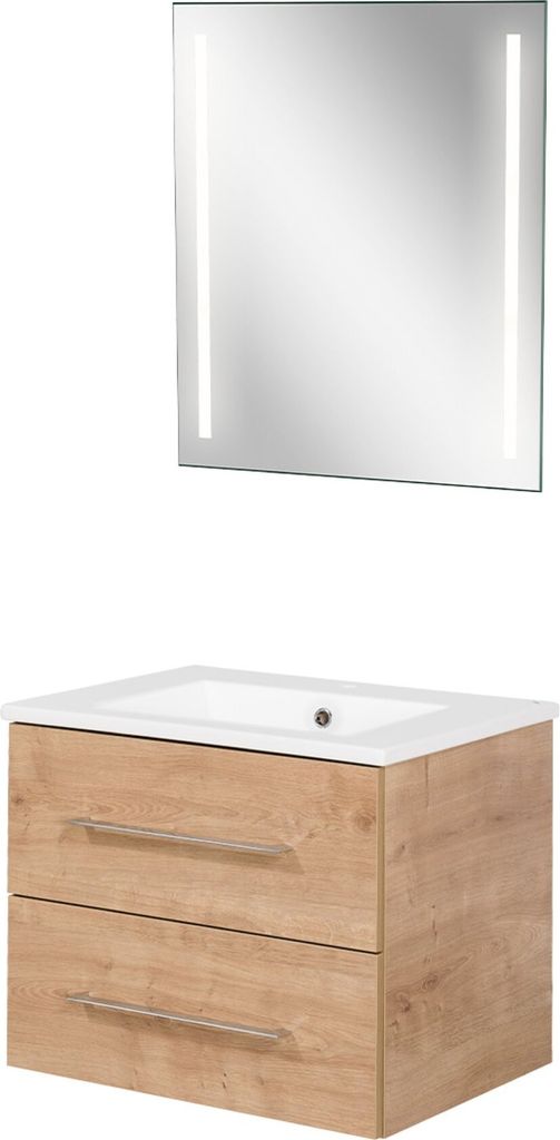 Fackelmann B.perfekt Badmöbel Set 3-teilig, 60 cm, Braun hell, LED-Spiegel