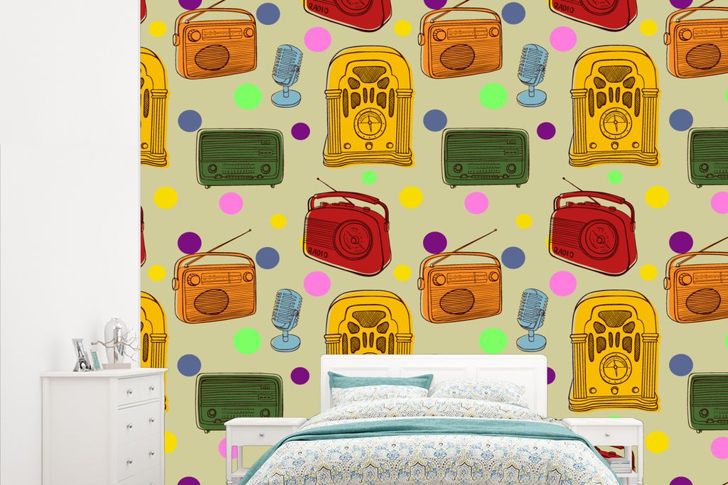 MuchoWow Fototapete für Wohnzimmer oder Schlafzimmer Wandtapete Vinyl Motivtapete Vintage - Radio - Mikrofon - Muster - 265x220 cm - Die Küche
