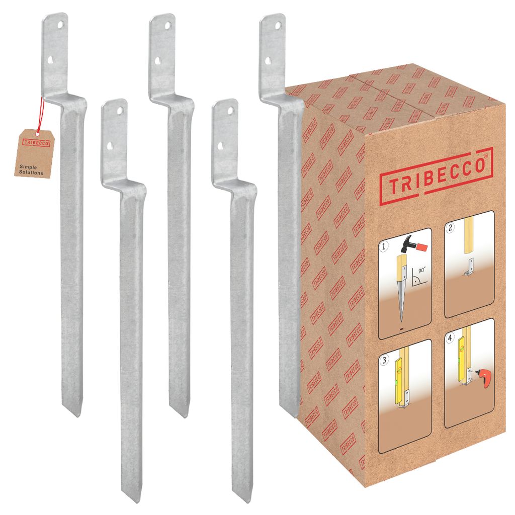 A product shot of metal ground spikes and a cardboard box with instructions.