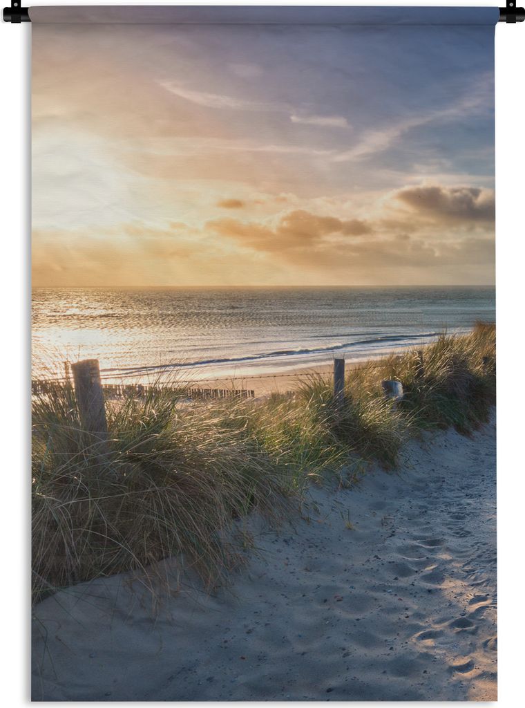 MuchoWow Wandteppich Wandbehang Sonnenuntergang - Strand - Düne - Gras - Bank 120x180 cm Tapisserie Dekoration Wandtuch - Schlafzimmer - Dekorat...