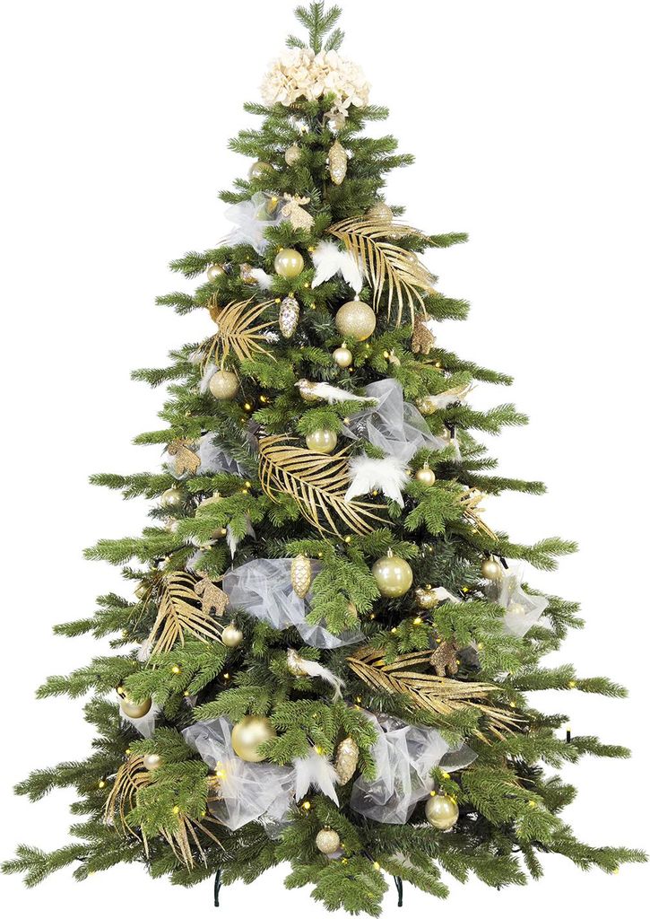 Dekorierter künstlicher Weihnachtsbaum mit 132 Ornamenten SAMETTE DELIGHT II 180 cm mit Ständer und Weihnachtsschmuck grün